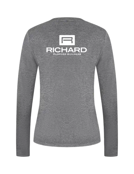 Womens  V-Neck Ring Spun Grey Heather 4.5 oz Long Sleeve T-Shirt w/Richard Group Logo, Richard Group Bison Logo