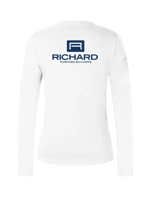 Womens  V-Neck Ring Spun White 4.5 oz Long Sleeve T-Shirt w/Richard Group Logo, Richard Group Bison Logo
