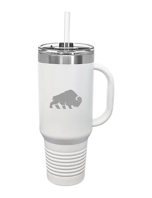 Polar Camel 40 oz. Powder Coated Vacuum Insulated White Travel Mug with Straw w/Richard Group Bison Logo
