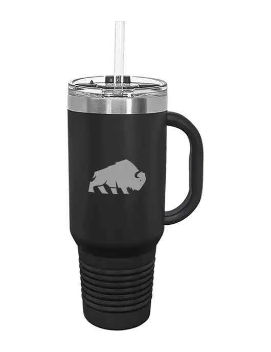 Polar Camel 40 oz. Powder Coated Vacuum Insulated Black Travel Mug with Straw w/Richard Group Bison Logo
