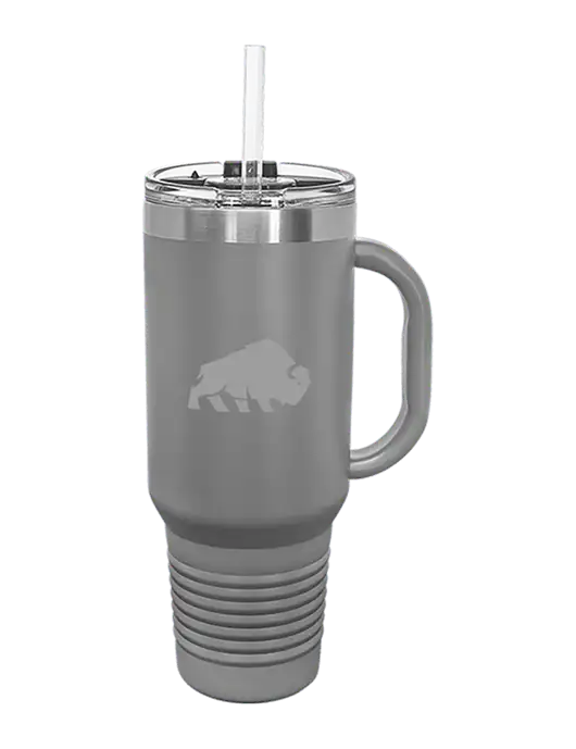 Polar Camel 40 oz. Powder Coated Vacuum Insulated Grey Travel Mug with Straw w/Richard Group Bison Logo