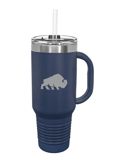 Polar Camel 40 oz. Powder Coated Vacuum Insulated Navy Travel Mug with Straw w/Richard Group Bison Logo