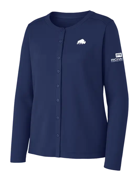 Dress Blue Navy Womens Concept Stretch Button-Front Cardigan Sweater w/Richard Group Bison Logo, Richard Group Logo