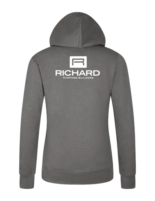 Womens Medium Grey Heather Core Fleece Pullover Hooded Sweatshirt w/Richard Group Logo, Richard Group Bison Logo