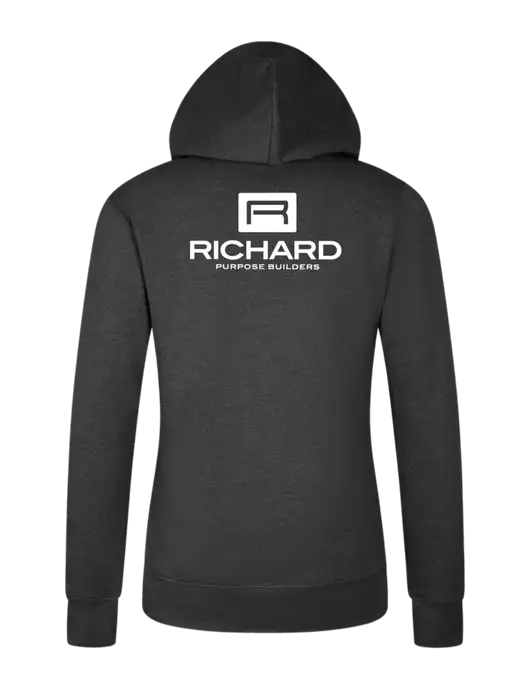 Womens Dark Grey Heather Core Fleece Pullover Hooded Sweatshirt w/Richard Group Logo, Richard Group Bison Logo