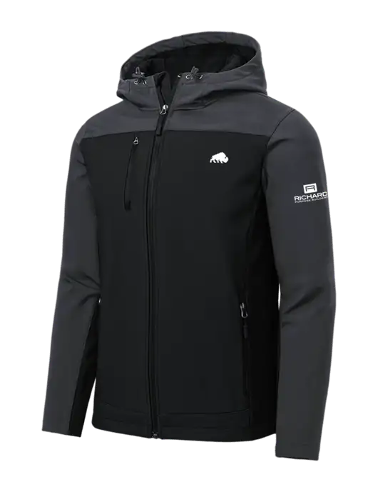 Hooded Core Dark Grey/Black Soft Shell Jacket w/Richard Group Bison Logo, Richard Group Logo