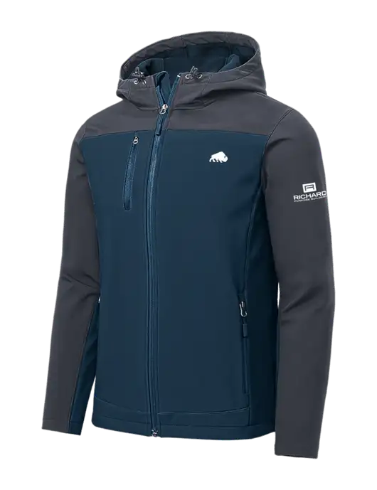 Hooded Core Navy/Dark Grey Soft Shell Jacket w/Richard Group Bison Logo, Richard Group Logo