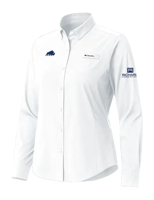 Columbia White Womens PFG Tamiami II Long Sleeve Shirt w/Richard Group Bison Logo, Richard Group Logo