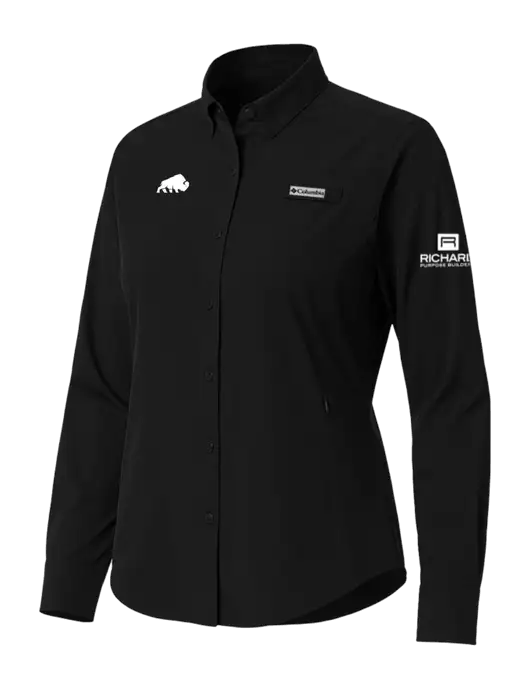 Columbia Black Womens PFG Tamiami II Long Sleeve Shirt w/Richard Group Bison Logo, Richard Group Logo