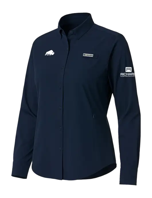 Columbia Navy Womens PFG Tamiami II Long Sleeve Shirt w/Richard Group Bison Logo, Richard Group Logo