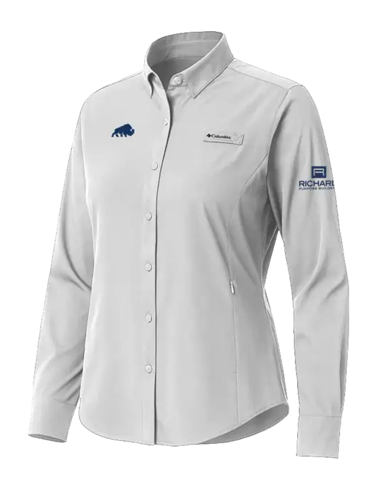 Columbia Grey Womens PFG Tamiami II Long Sleeve Shirt w/Richard Group Bison Logo, Richard Group Logo