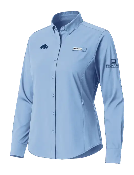 Columbia Light Blue Womens PFG Tamiami II Long Sleeve Shirt w/Richard Group Bison Logo, Richard Group Logo
