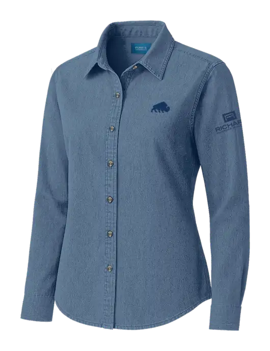 Womens Long Sleeve Light Blue Denim Shirt
 w/Richard Group Bison Logo, Richard Group Logo