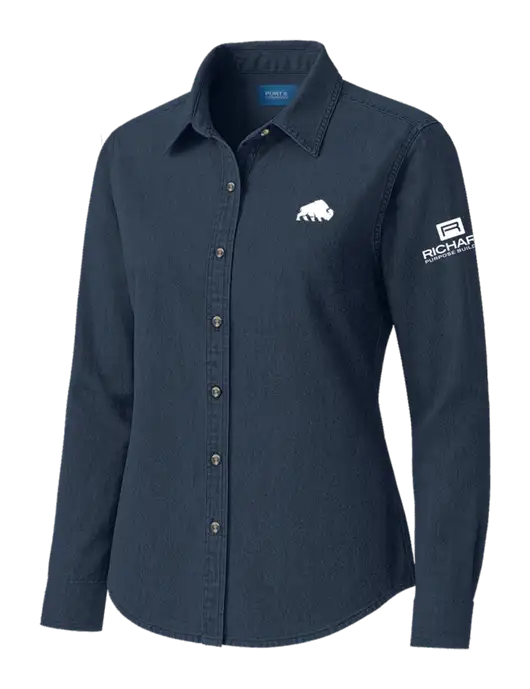 Womens Long Sleeve Light Navy Denim Shirt
 w/Richard Group Bison Logo, Richard Group Logo