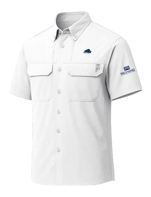 HUK White Creekbed Short Sleeve Shirt w/Richard Group Bison Logo, Richard Group Logo