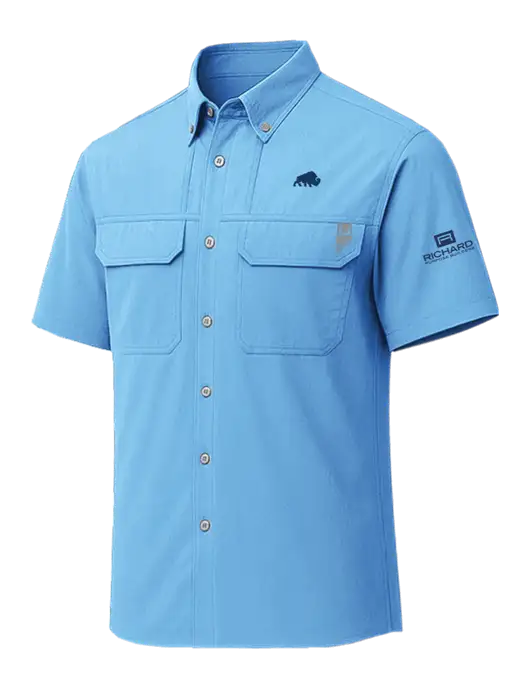 HUK Light Blue Creekbed Short Sleeve Shirt w/Richard Group Bison Logo, Richard Group Logo