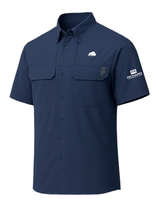 HUK Navy Creekbed Short Sleeve Shirt w/Richard Group Bison Logo, Richard Group Logo