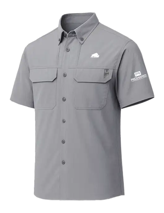 HUK Light Medium Grey Creekbed Short Sleeve Shirt w/Richard Group Bison Logo, Richard Group Logo