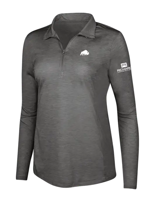 Dark Grey Heather Womens Posicharge Tri-Blend Wicking 1/4 Zip Pullover w/Richard Group Bison Logo, Richard Group Logo