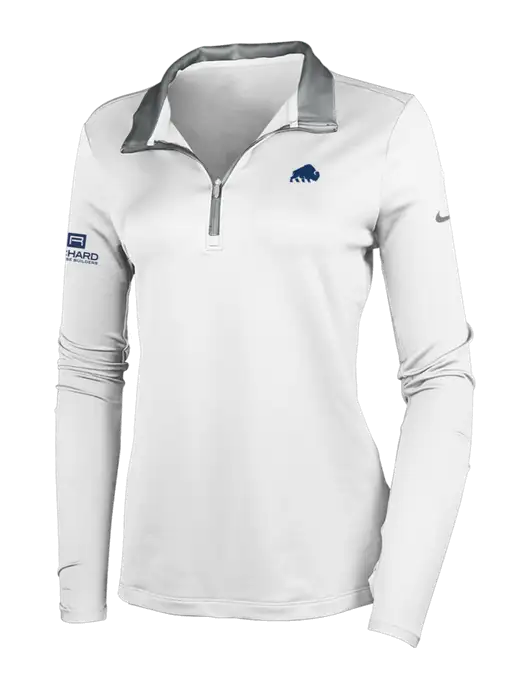 NIKE White/Dark Grey Womens Dry-Fit Stretch 1/2 Zip Cover-Up w/Richard Group Bison Logo, Richard Group Logo