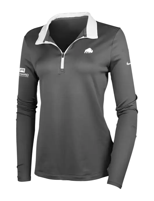 NIKE Dark Grey/White Womens Dry-Fit Stretch 1/2 Zip Cover-Up w/Richard Group Bison Logo, Richard Group Logo